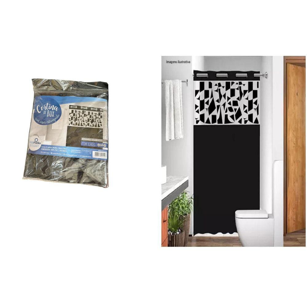 Cortina De Box Com Visor E Ilhós Arabesco Preta 1,38X1,98Cm