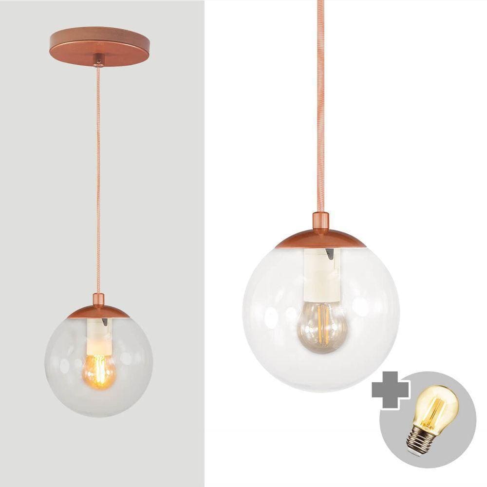 Pendente Bronze C/ Globo De Vidro Cristal De 14cm + Led 2w