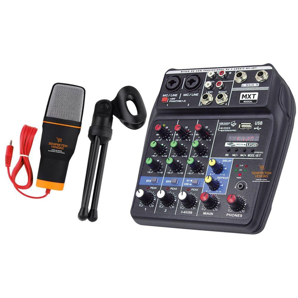 Kit Mesa de Som 4 Canais e Microfone de Mesa Condensador