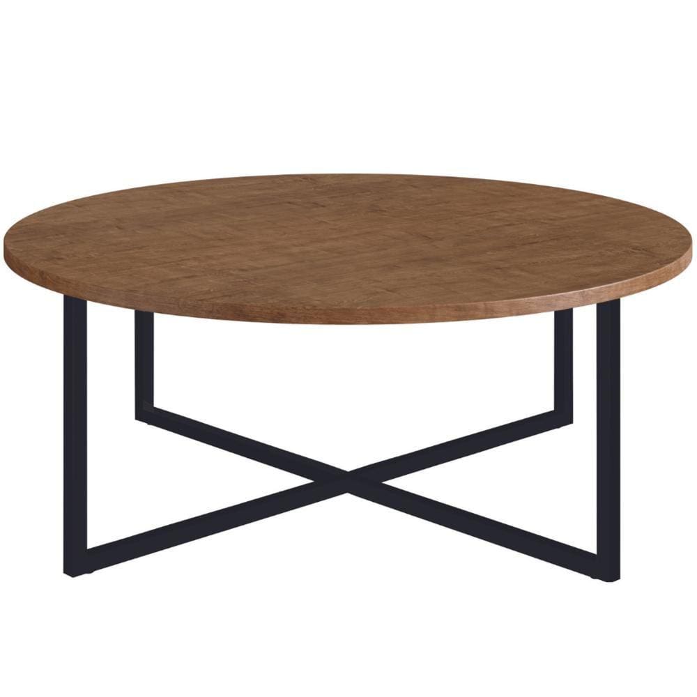 Mesa de Centro Redonda Artesano 70 cm (largura) em MDP Vermont Estrutura Metálica em Aço Preta