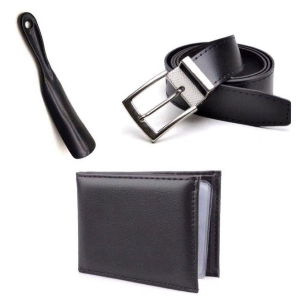 Kit Cinto Masculino Dupla Face Fivela Com Carteira Slim e Calçadeira Para Sapatos em Geral