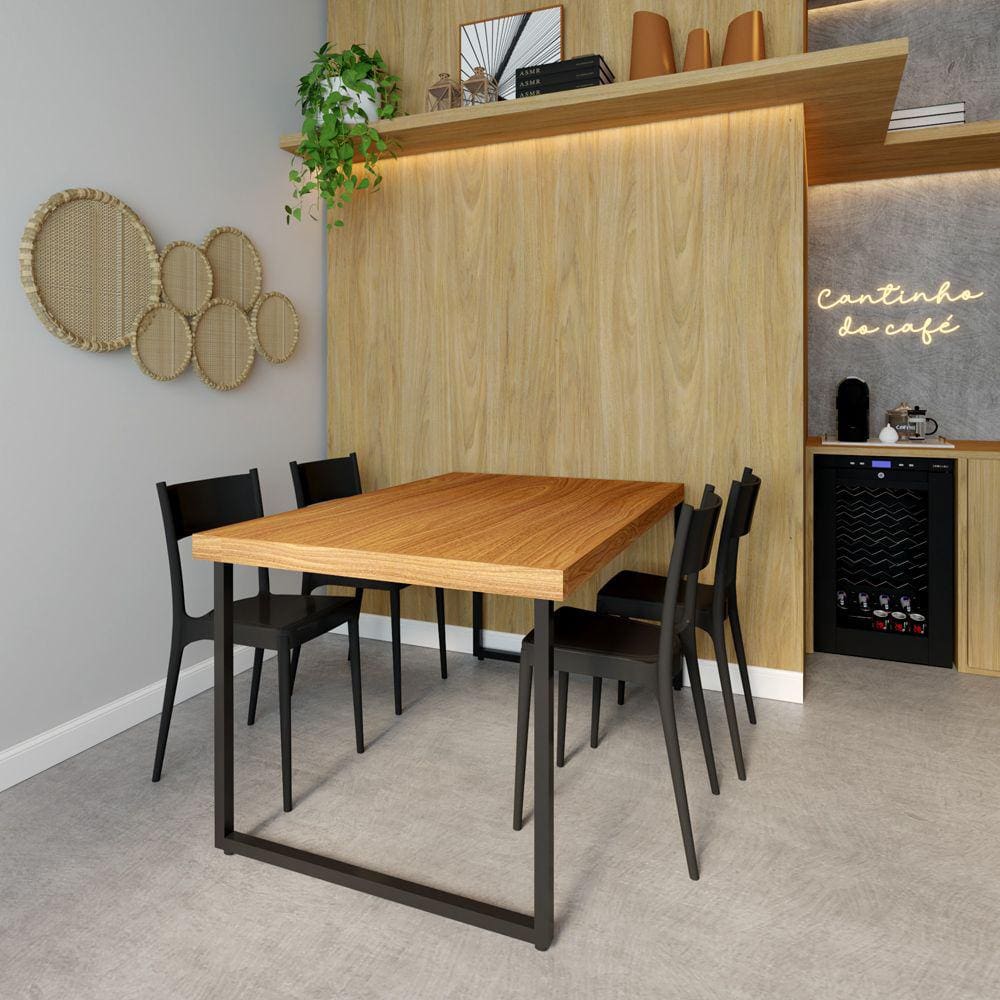 Conjunto Mesa Madeira Maciça Bernardo 1,30m Ferragem Preta com 4 Cadeiras Tramontina Preta
