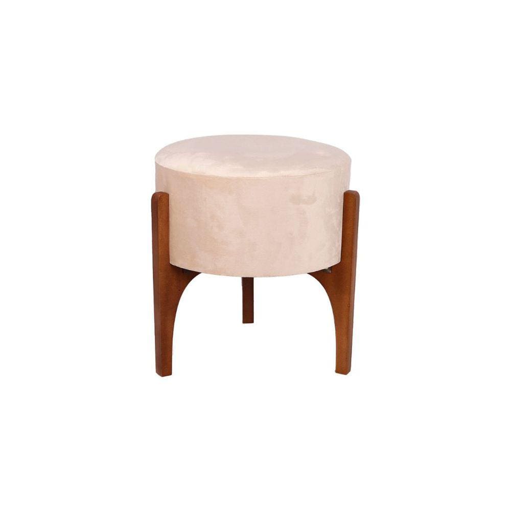 Puff Garra Redondo em Madeira e Tecido Creme 46cm