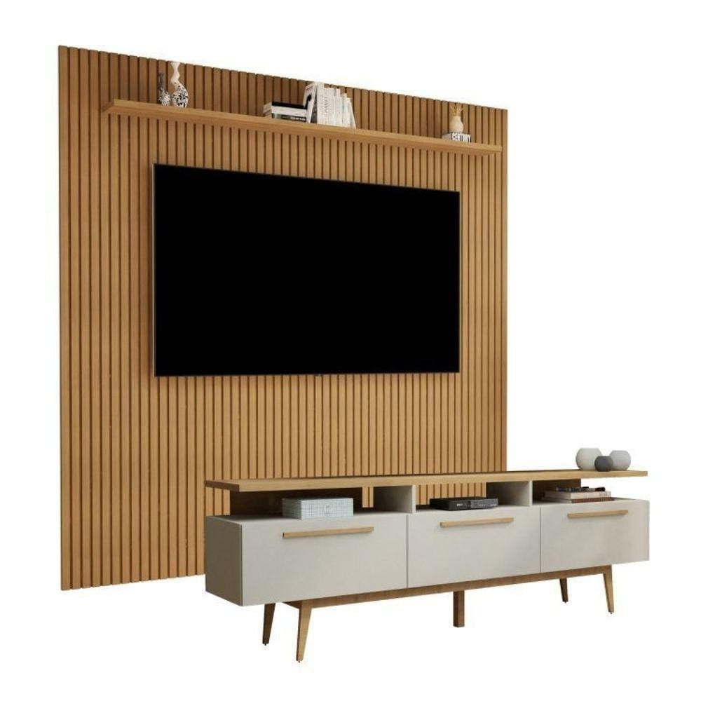 Conjunto Home Suspenso Frisado para Tv até 75 Polegadas Curitiba e Rack 3 Porta San Paulo Cinamomo/Off White