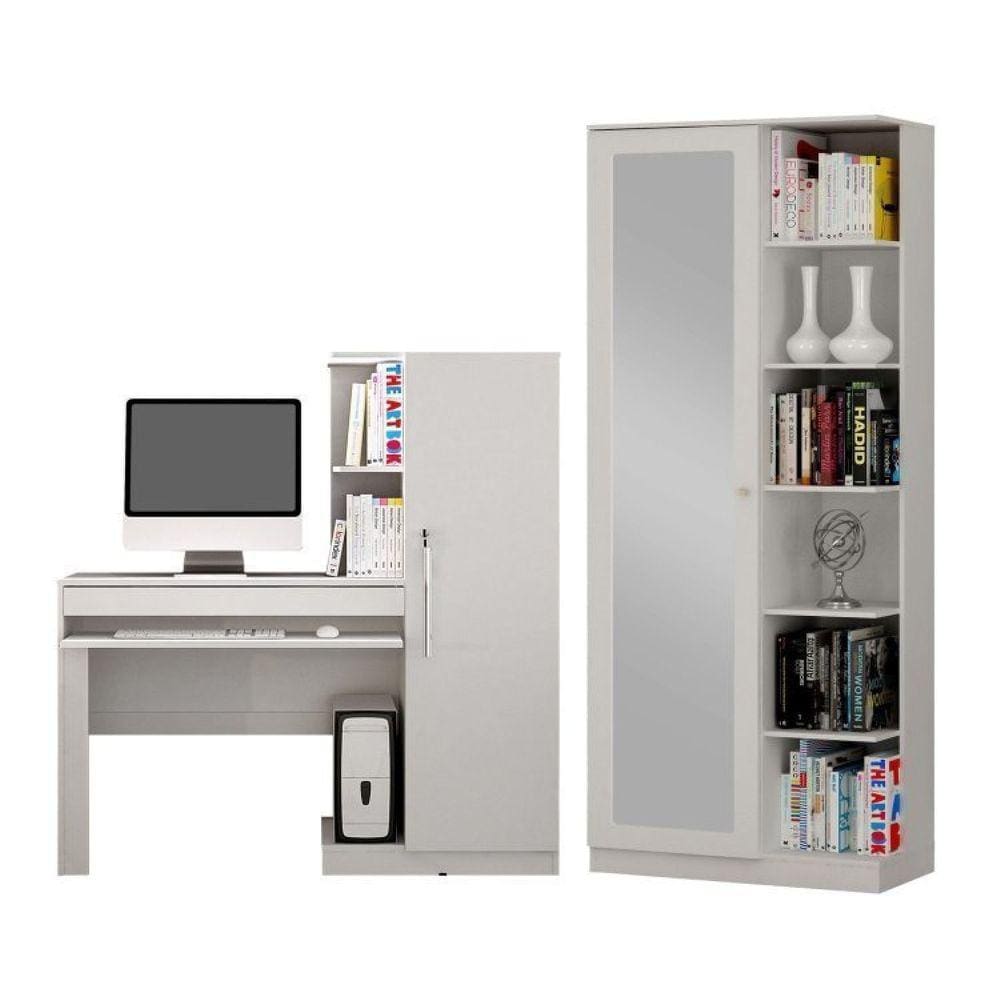 Conjunto Mesa para Computador Escrivaninha e Armário Multiuso 1 Porta com Espelho João Pessoa Branca Fosco