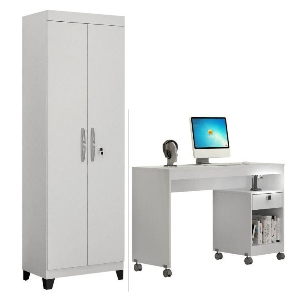 Conjunto Mesa para Computador Giga e Armário Multiuso 2 Portas com Chave e 5 Prateleiras Asteca Branco