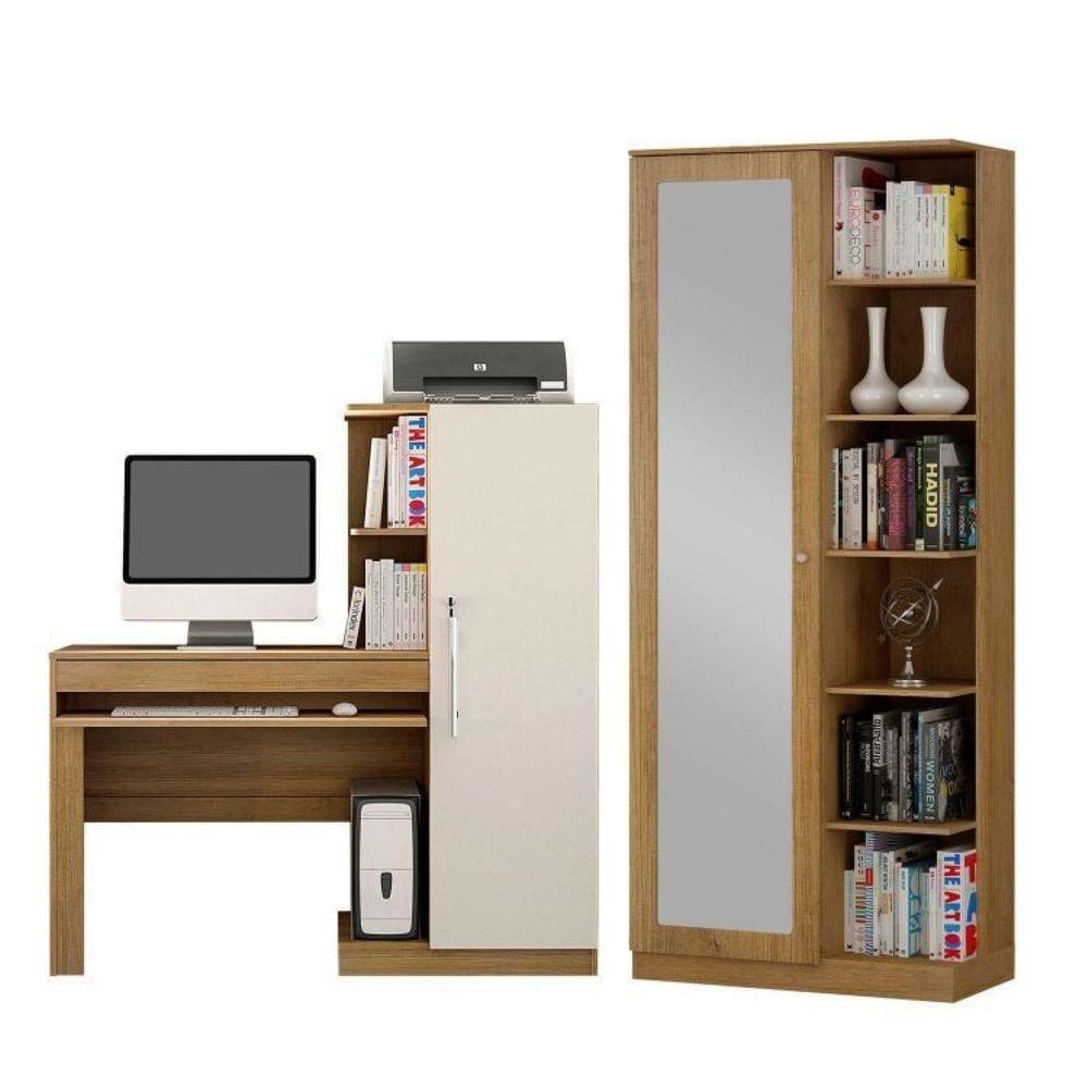 Conjunto Mesa para Computador Escrivaninha e Armário Multiuso 1 Porta com Espelho João Pessoa Cinamomo/Off White