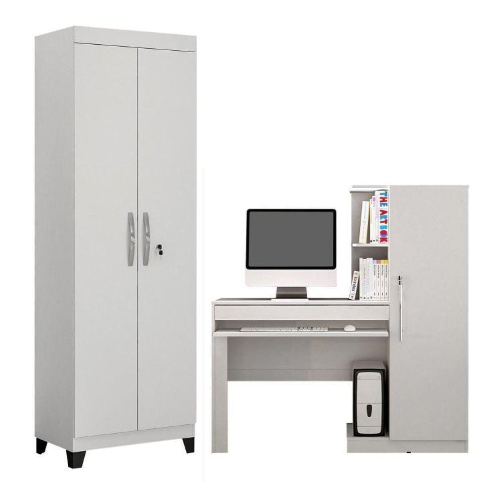 Conjunto Mesa para Computador com Armário e Armário Multiuso 2 Portas e 5 Prateleiras Asteca Branca Fosco