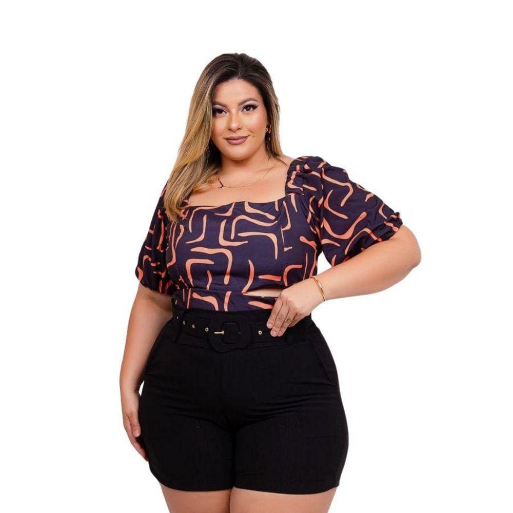 Conjunto Plus Size Feminino Cropped + Short + Cinto 0476