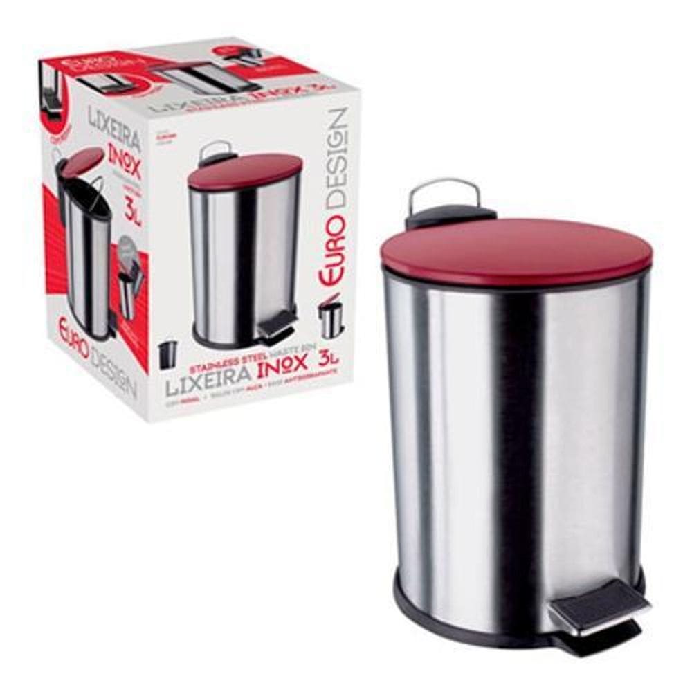 Lixeira De Inox Com Tampa Vermelho 3 Litros - Euro
