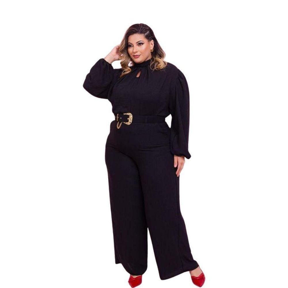 Conjunto Plus Size Blusa Manga + Calça Pantalona + Cinto 0475