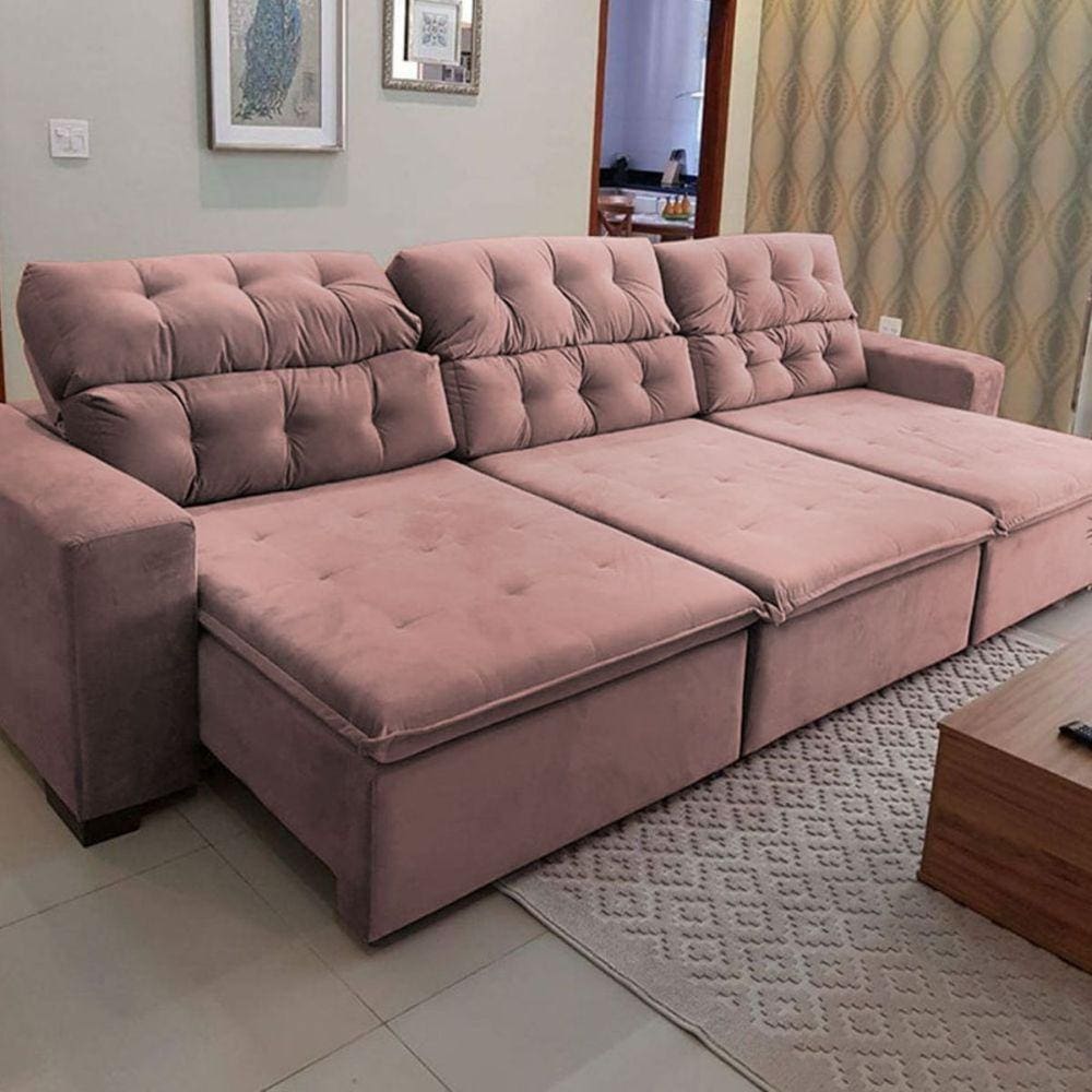 Sofá Retrátil Reclinável 8 Lugares 380cm Veludo Rose Megasul
