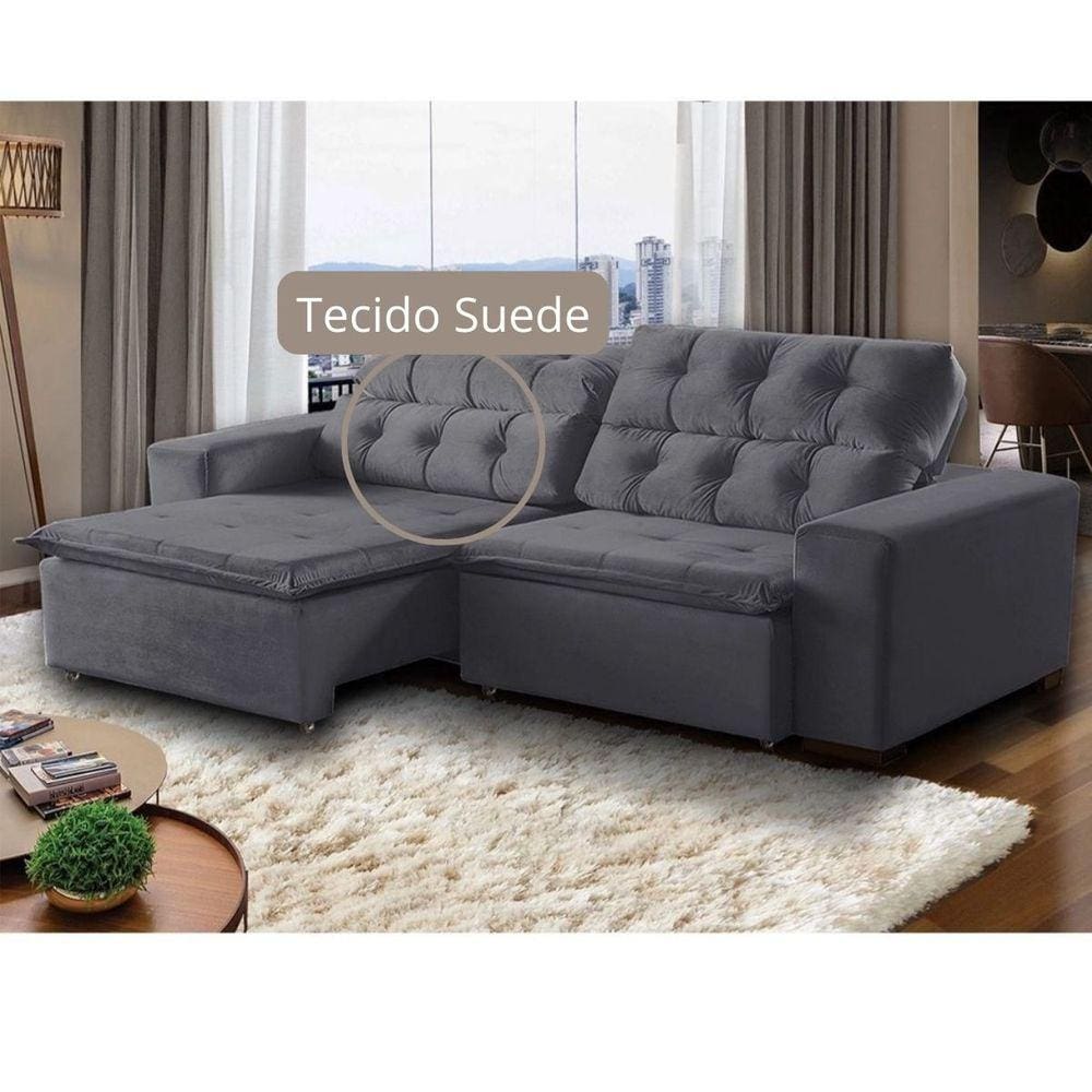 Sofá Retrátil Reclinável 4Lugares 2,3m Suede Cinza Megasul