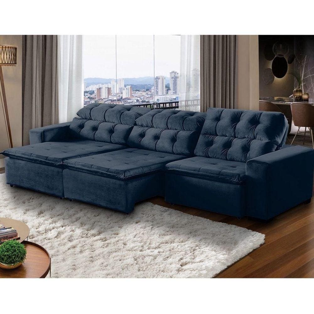 Sofá Retrátil Reclinável 6Lugares 320cm Veludo Azul Megasul