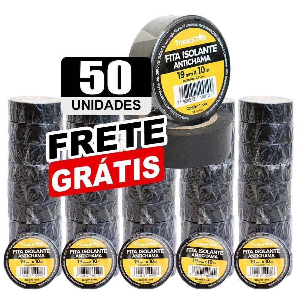Kit 50 Rolos Pç Fita Isolante 10 Metros Preta