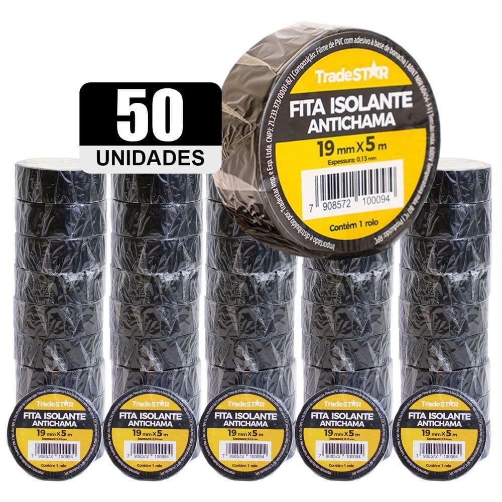 Kit 50 Rolos Pç Fita Isolante 5 Metros Preta