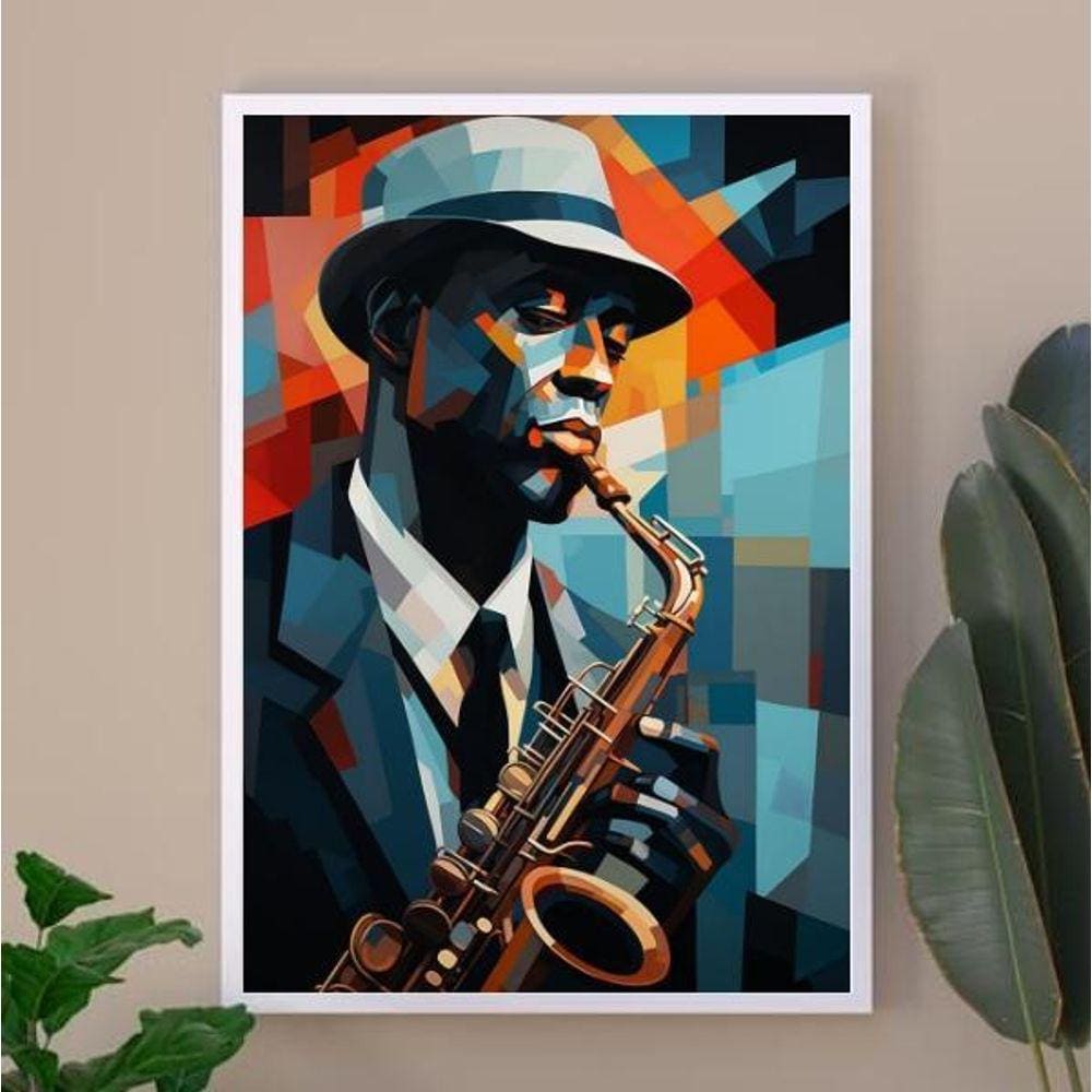 Quadro Músico Jazz - Pintura Geométrica 33X24Cm