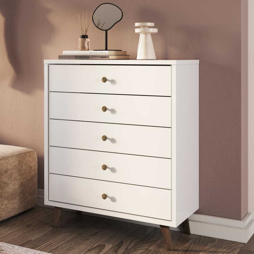 Comoda 5 Gavetas Pés Em Madeira Cm4050 Branco Decibal