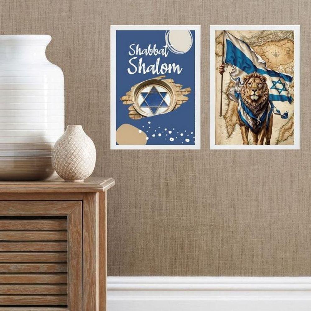 Kit 2 Quadros Shabbat Shalom - Leão 45X34Cm