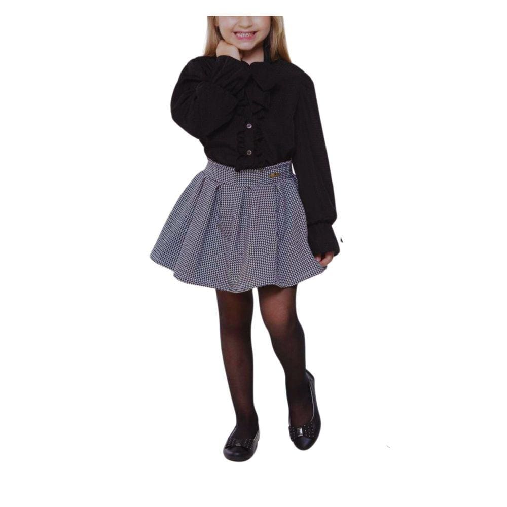 Conjunto Saia Rodada + Camisa Munlie Preto e Branco Fem