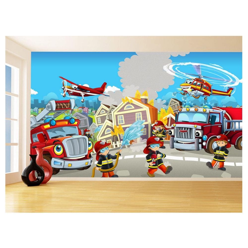 Papel De Parede 3D Infantil Bombeiros Caminhão 3,5M Azs343