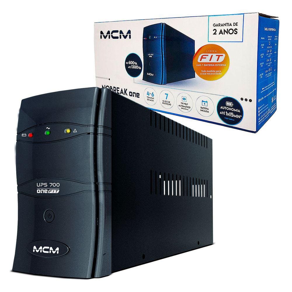 Nobreak MCM 700VA, UPS 700 ONE FIT, Entrada Bivolt, Saída 115V, 4 Tomadas, 1x Bat. 12V/5Ah - UPS0267
