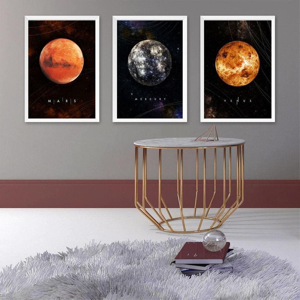 Kit 3 Quadros Decorativos Planetas 24X18Cm - Com Vidro