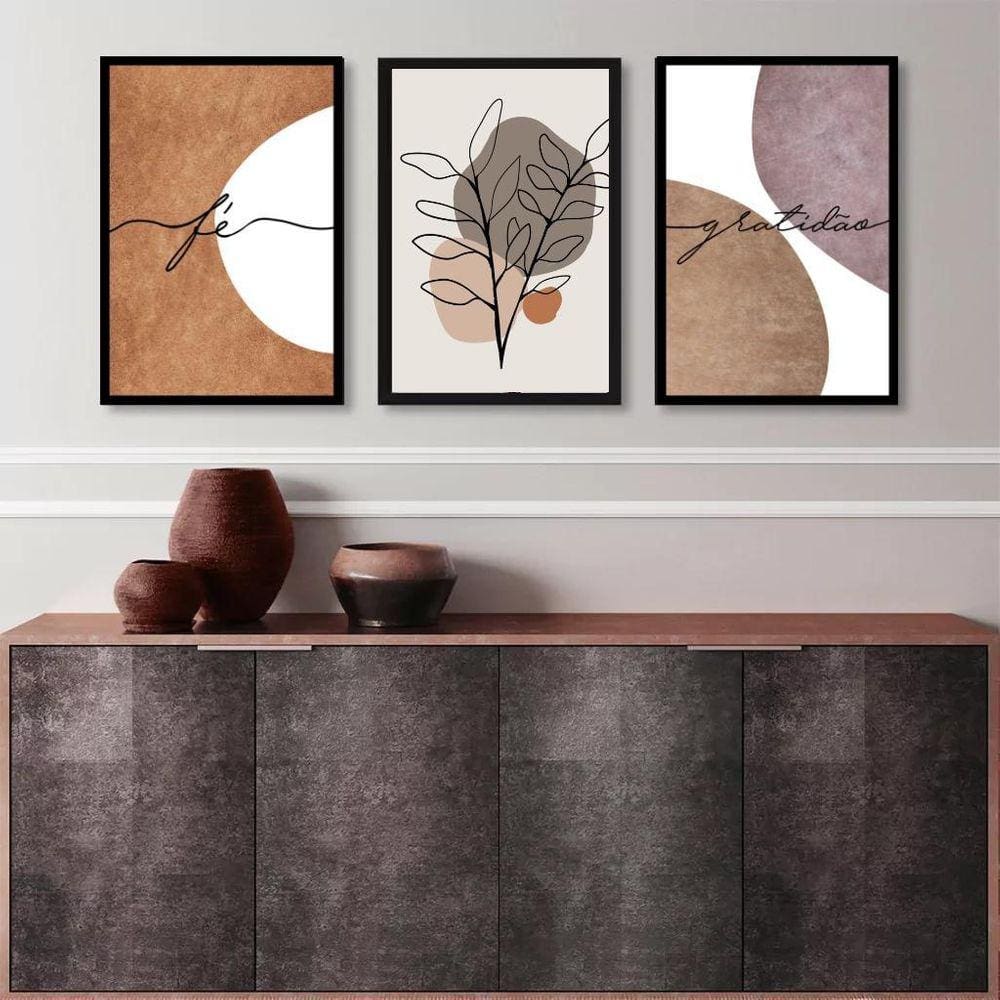 Kit 3 Quadros Fé E Gratidão Boho 33X24Cm - Com Vidro