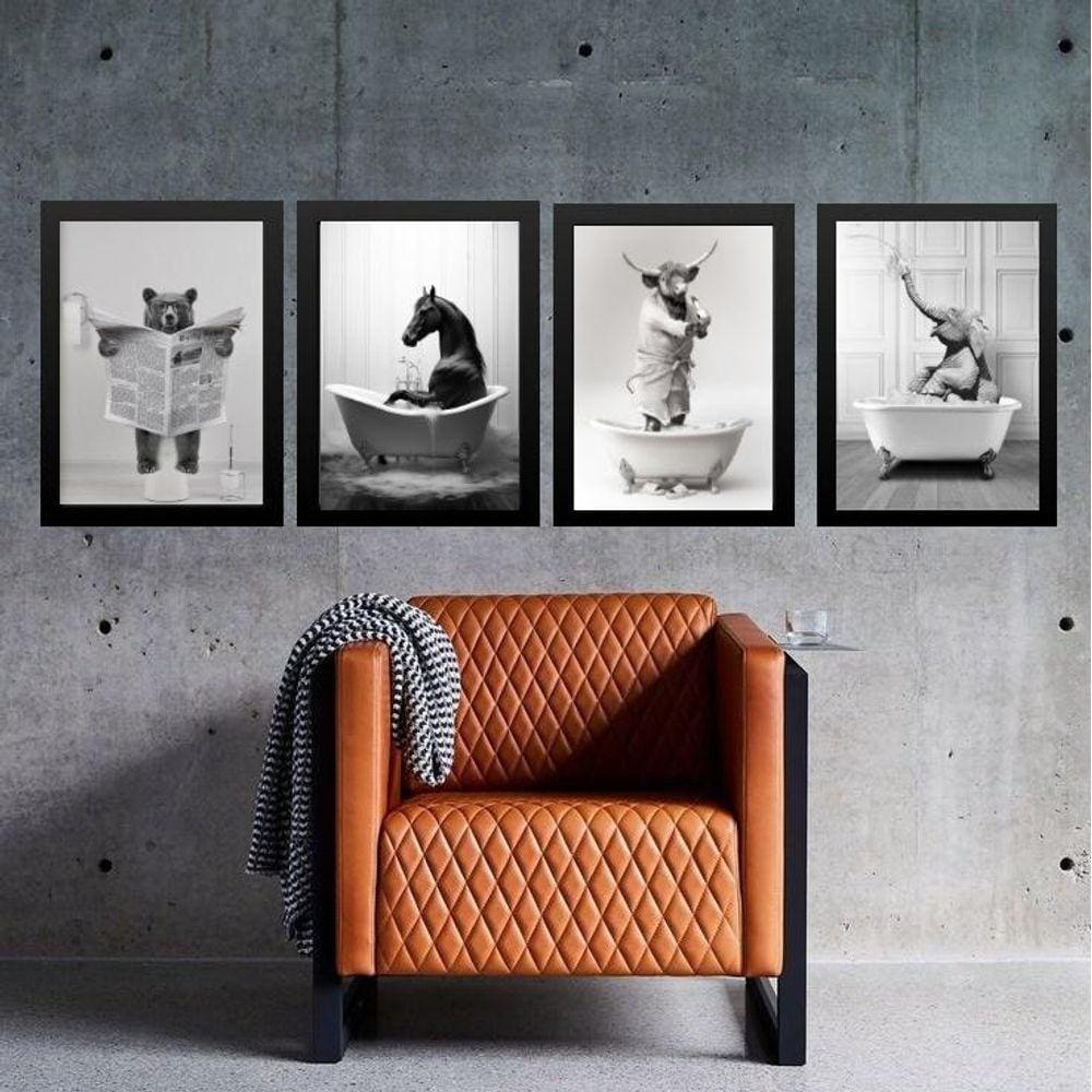 Kit 4 Quadros Banheiro Animais Diversos 24X18Cm