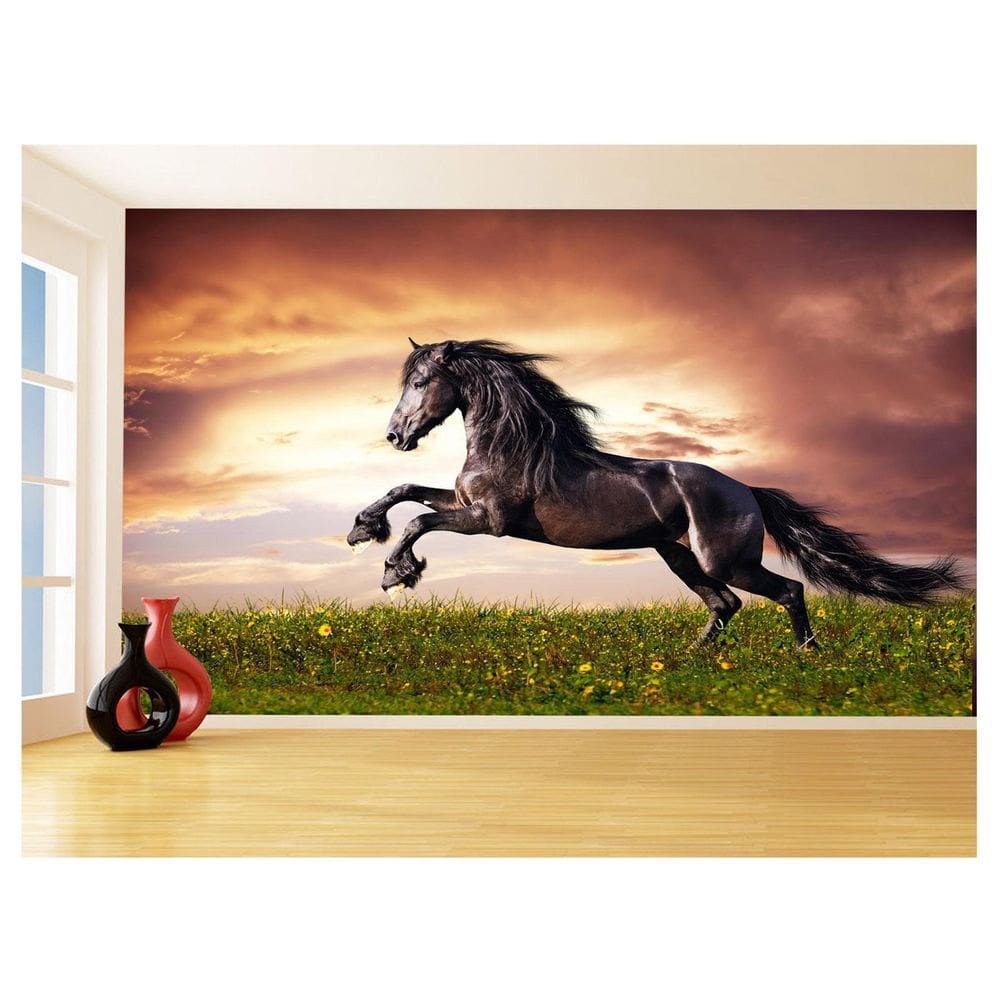 Papel De Parede Animais Cavalo Preto Saltando 3,5M Anm359