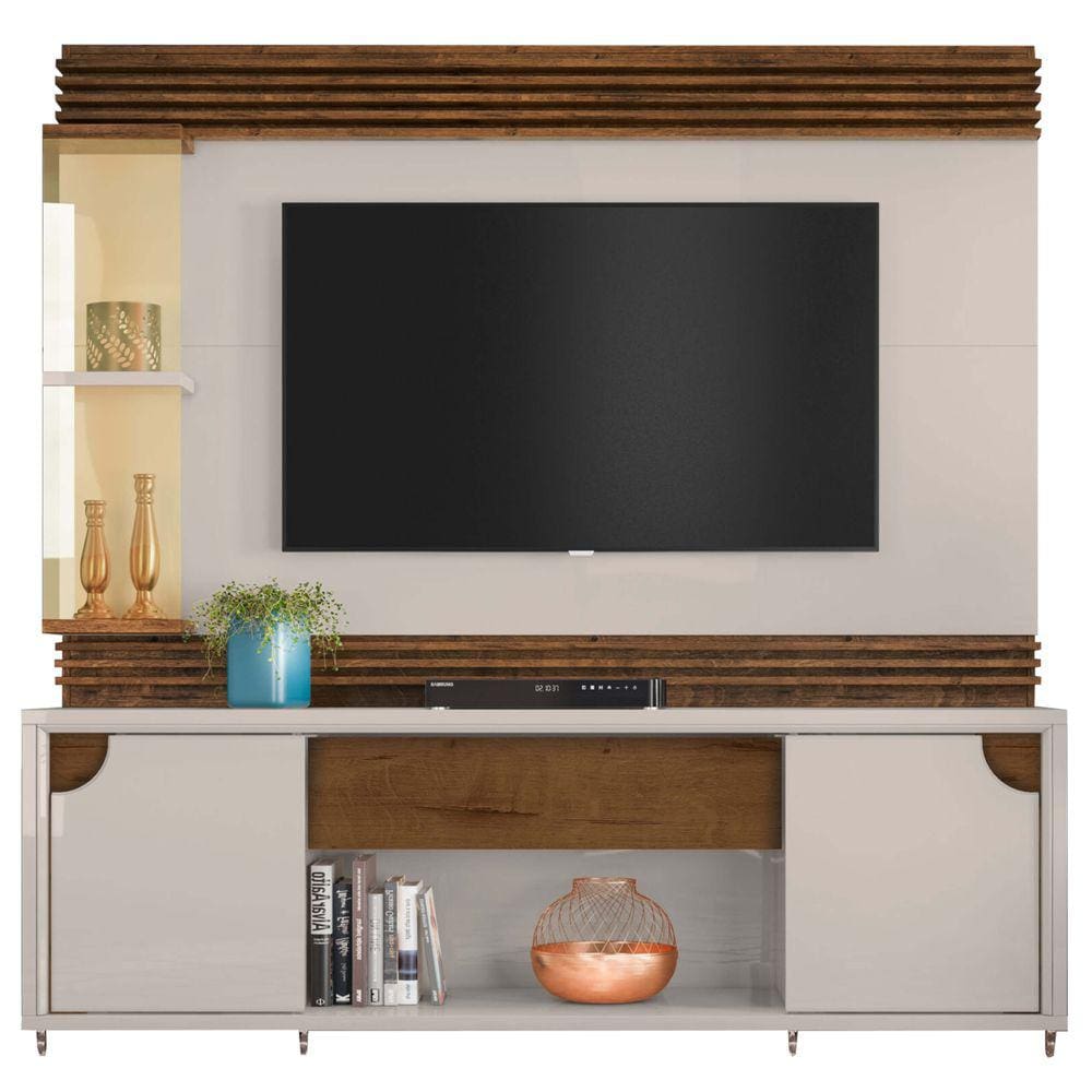 Rack com Painel Firenze para TV ate 55 Polegadas 2 Portas 1 Gaveta Lukaliam Cor Off White Madero Canela