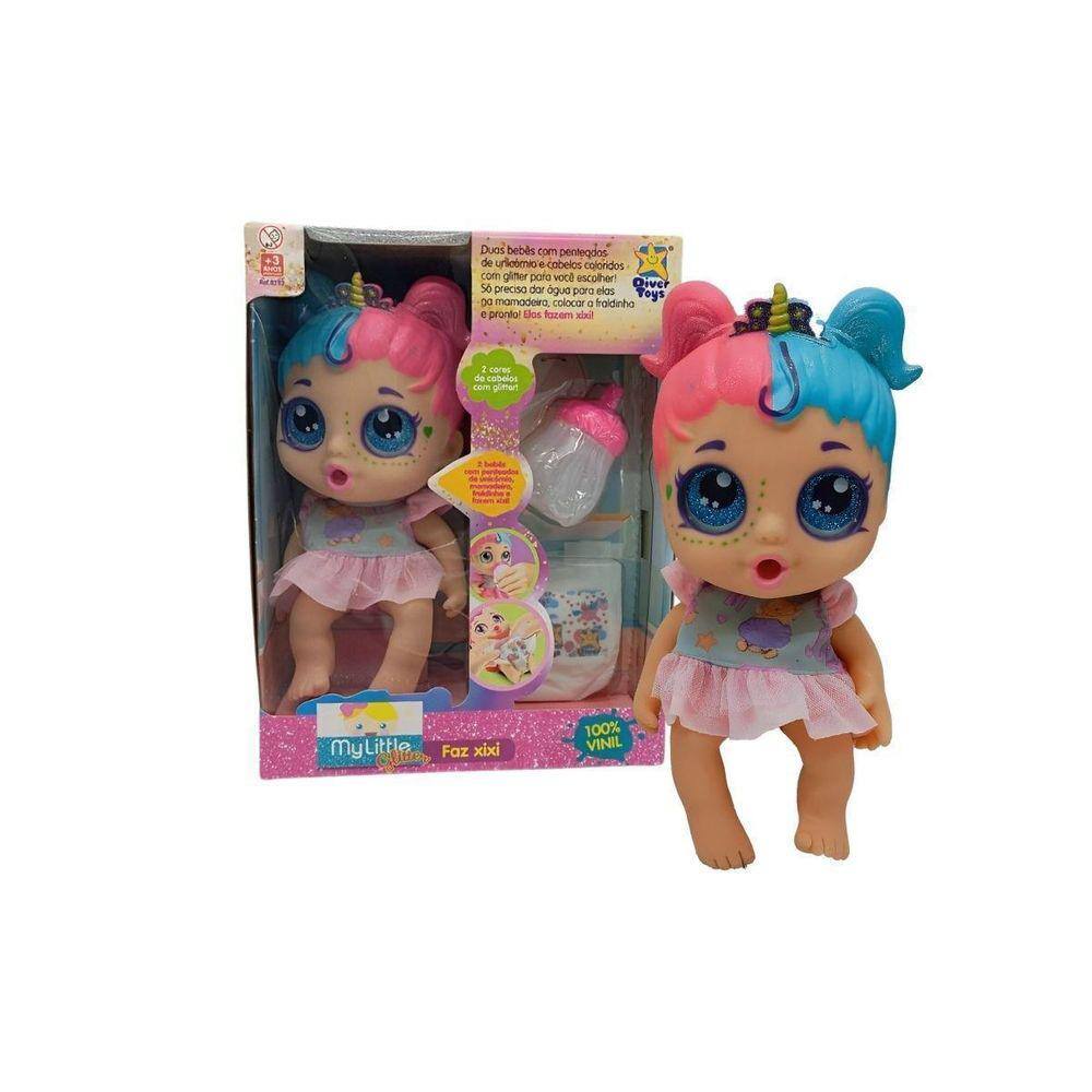 Boneca My Little Glitter Faz Xixi Com Acessórios - Azul/Pink
