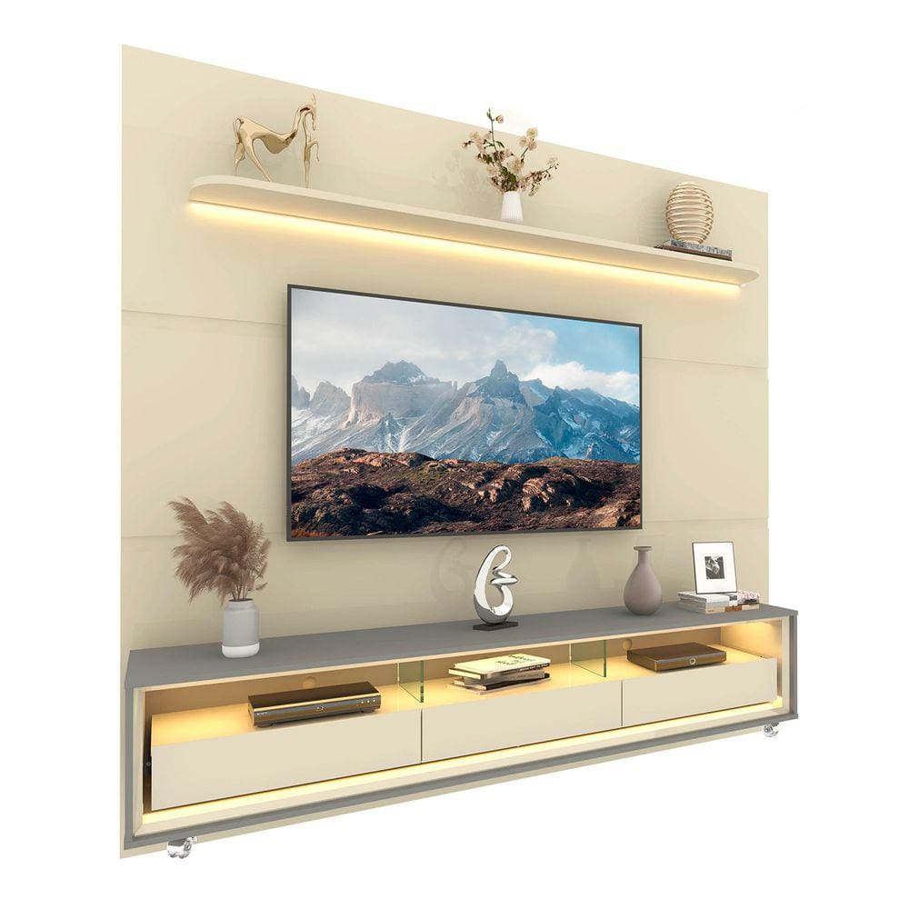 Rack com Painel Royal/Requinte 2.2 C/Rodízio Off White com Cinza - Gelius Móveis