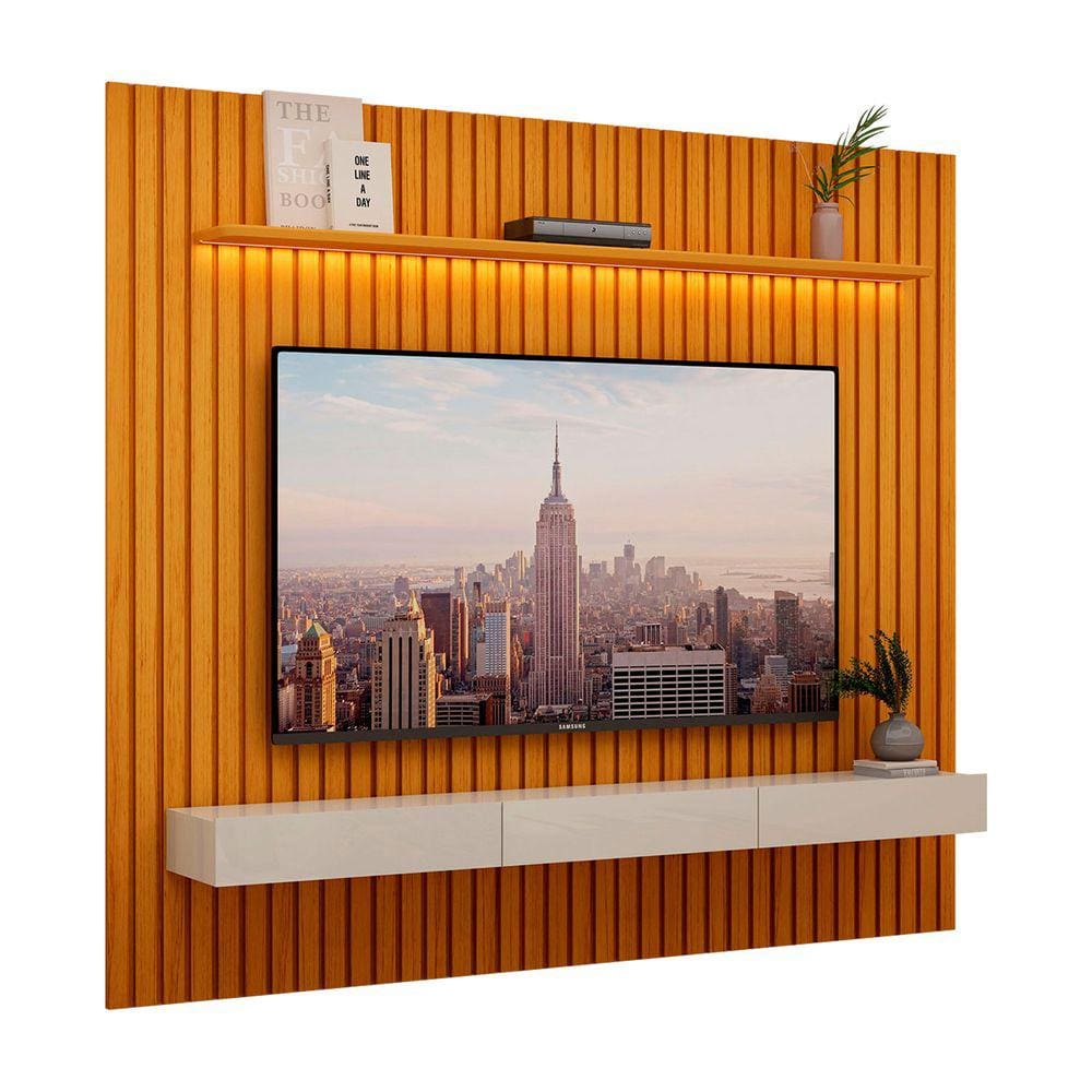 Rack com Painel para Sala Ripado Clean 2.2 Naturale com Off White - MoveisAqui