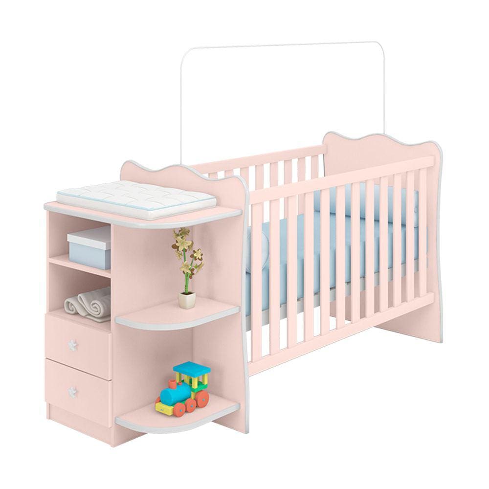 Berço Cômoda com Cantoneira Doce Sonho Rosa - Qmovi
