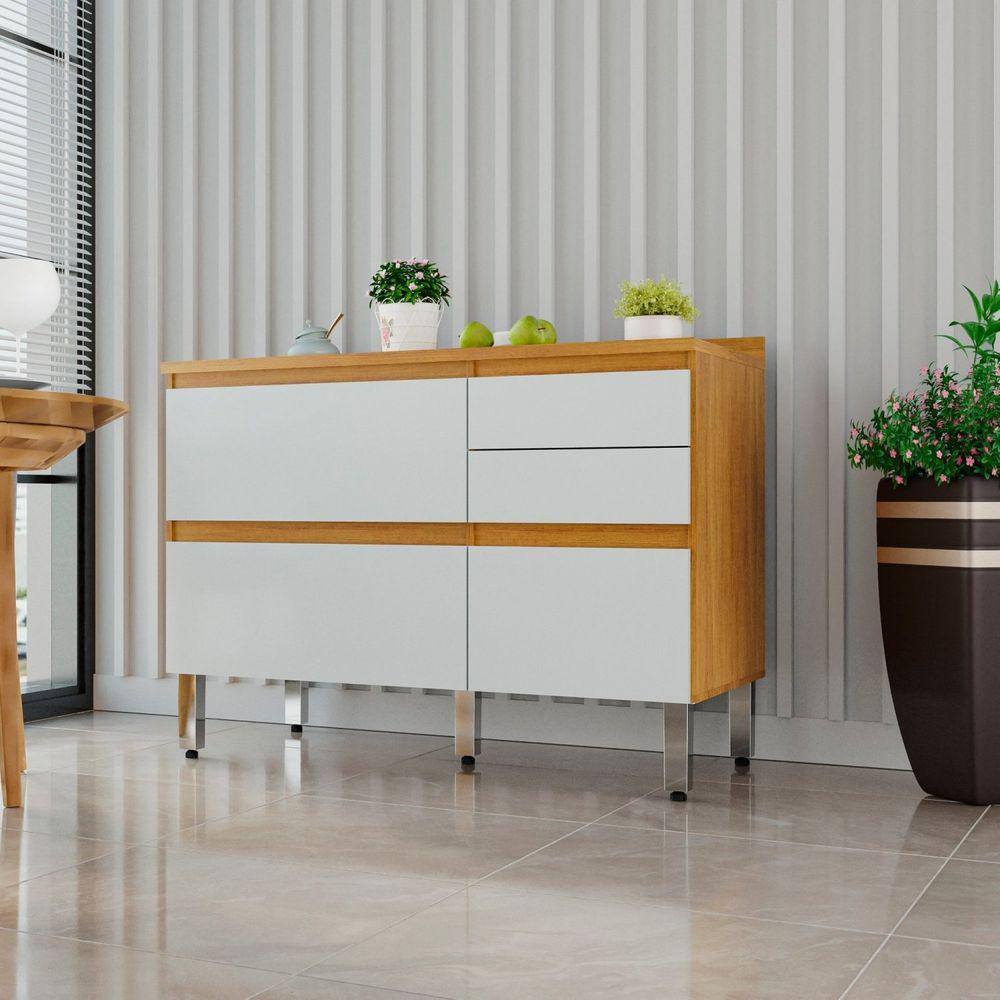 Balcão 3 Portas 2 Gavetas 100% Mdf Pilar Cinamomo / Branco Acetinado