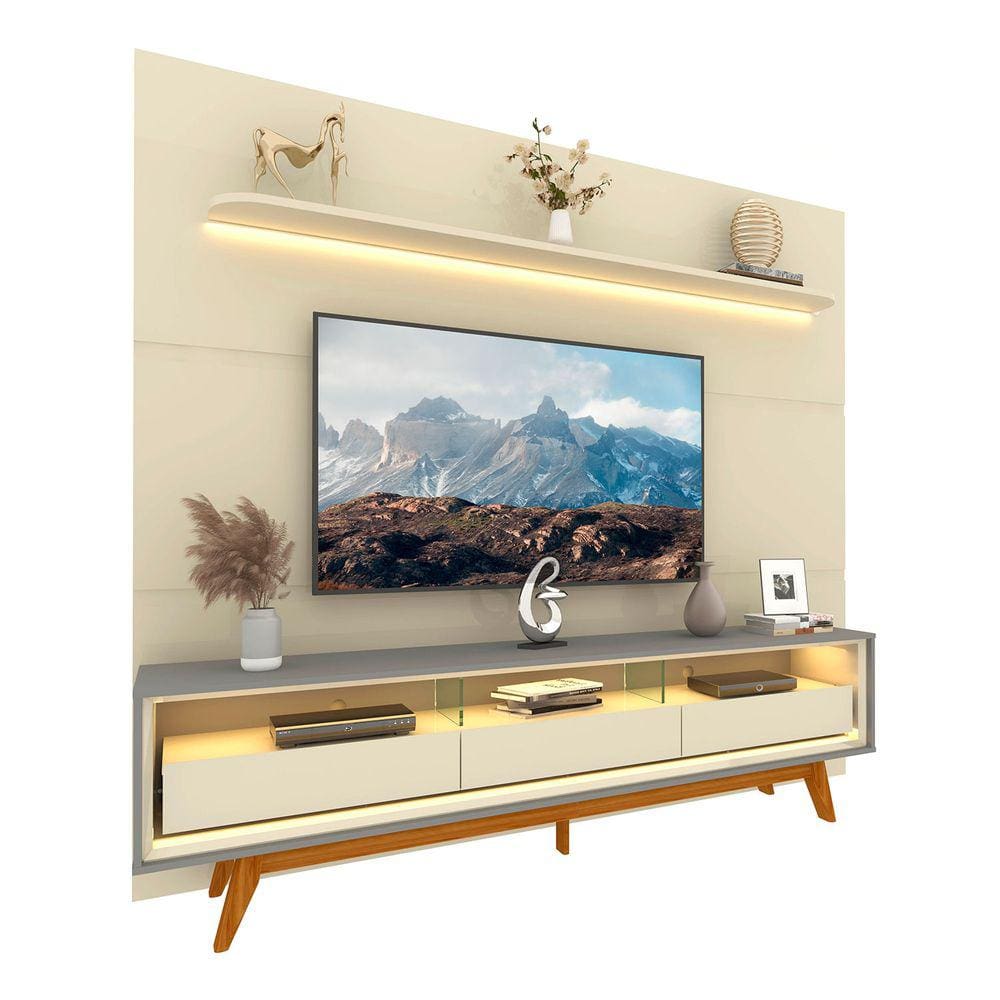 Rack com Painel Royal/Requinte 2.2 C/Pés Madeira Off White com Cinza - Gelius Móveis