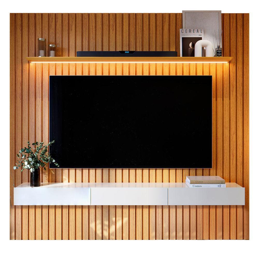Estante Home para Sala TV 75 Polegadas Ripado Clean 2.2 Naturale com Off White - MoveisAqui