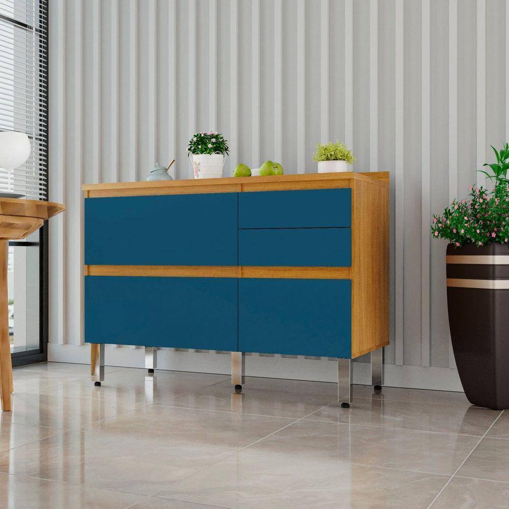 Balcão 3 Portas 2 Gavetas 100% Mdf Pilar Cinamomo / Azul Turquesa