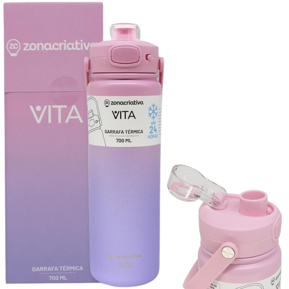 Garrafa Vita Por Do Sol Térmica 12 Horas Quente Gelada Grande Rosa Lilás 700ml Com Alça Trava Segurança