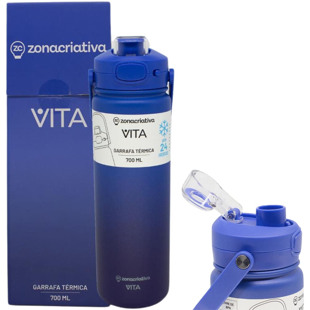 Garrafa Vita Mar Profundo Térmica 12 Horas Quente Gelada Grande Azul 700ml Com Alça Trava Segurança