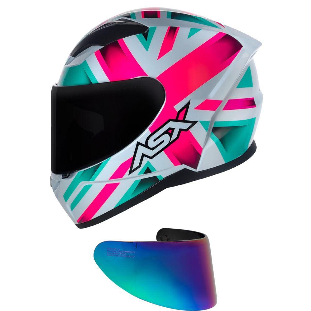 Capacete ASX City Kingdom Branco Rosa e Tifanny Mais Viseira Camaleão