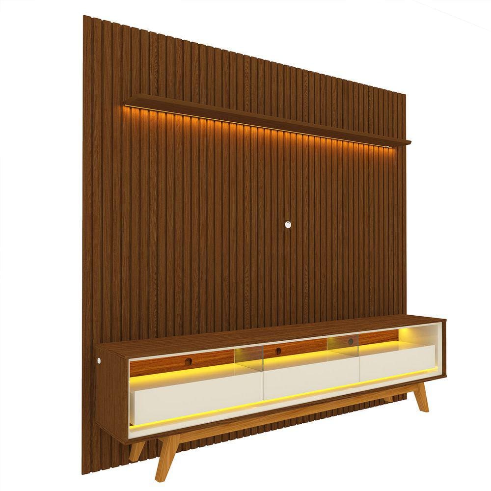 Rack com Painel Ripado com Led Nobre 2.3 Castanho com Off White - Gelius Móveis