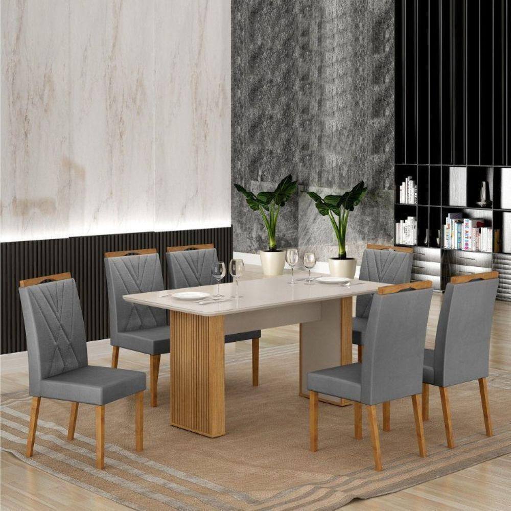 Conjunto Sala de Jantar Mesa Júlia com 6 Cadeiras Lara Cinamomo/Grafite/Off White