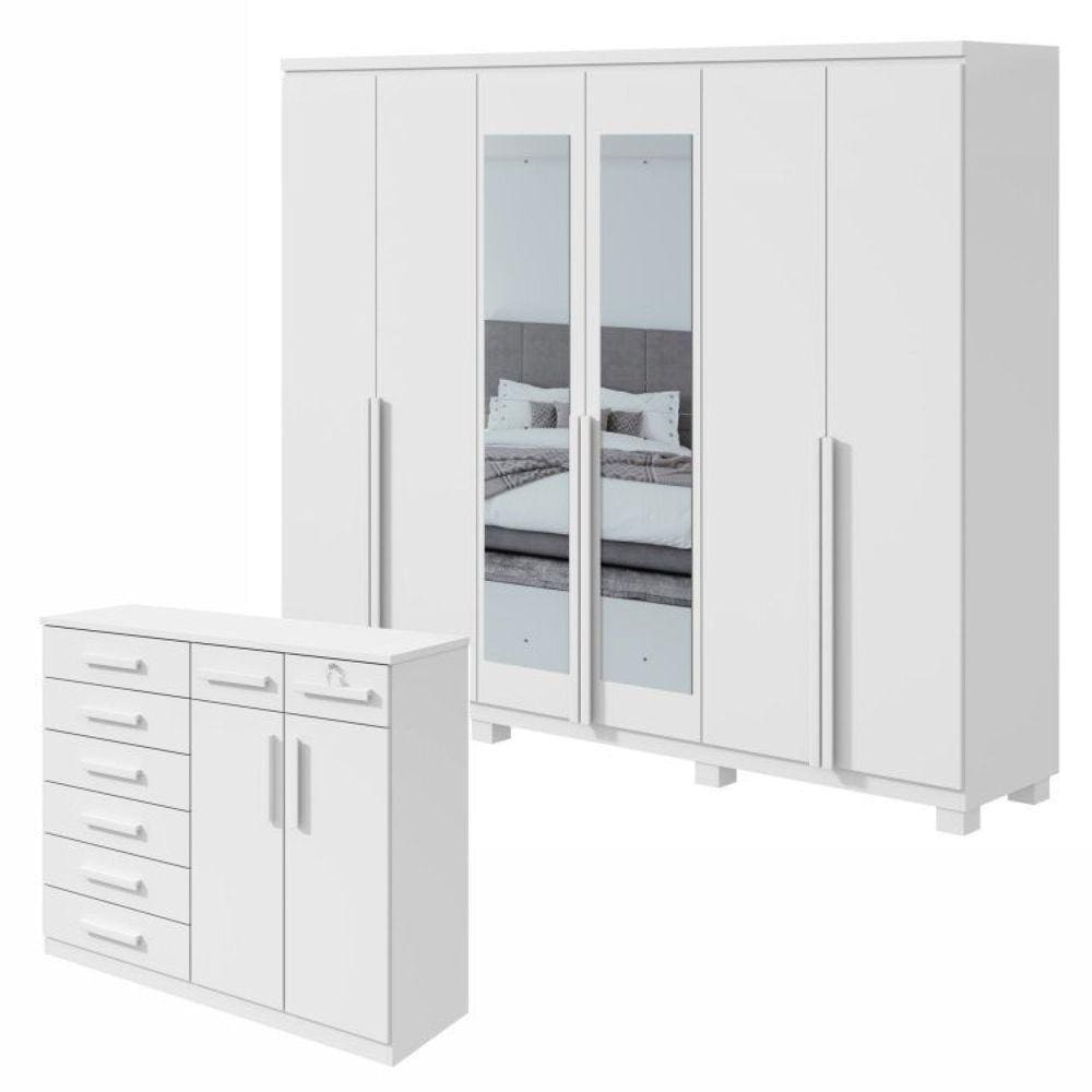 Conjunto de Guarda-roupa Alonzo com Pés e Espelho e com Cômoda Toronto Branco