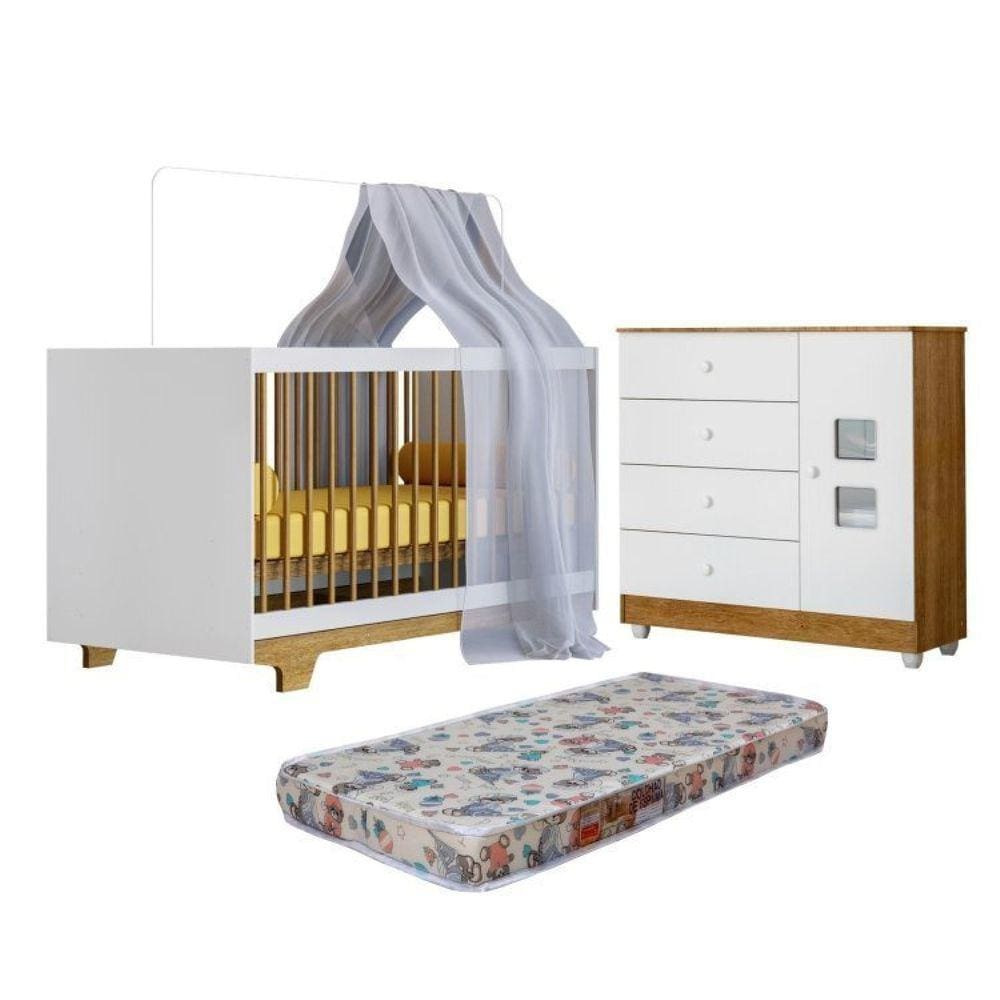 Quarto de Bebê com Berço Mini Cama com Colchão Flocos e Cômoda 100% Mdf 1 Porta 4 Gavetas Life Branco/Madeirado Ypê