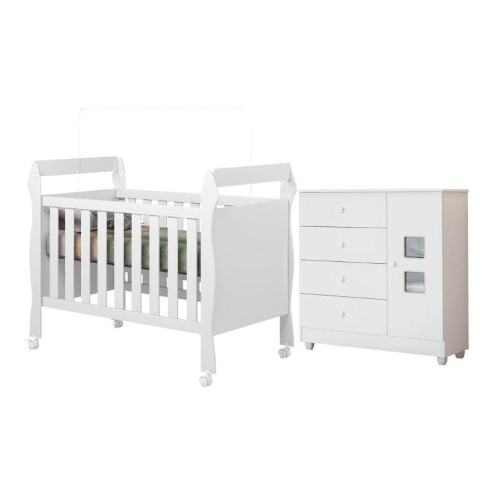 Quarto de Bebê com Berço Mini Cama 3 em 1 Soninho e Cômoda 100% Mdf 1 Porta 4 Gavetas Life Branco