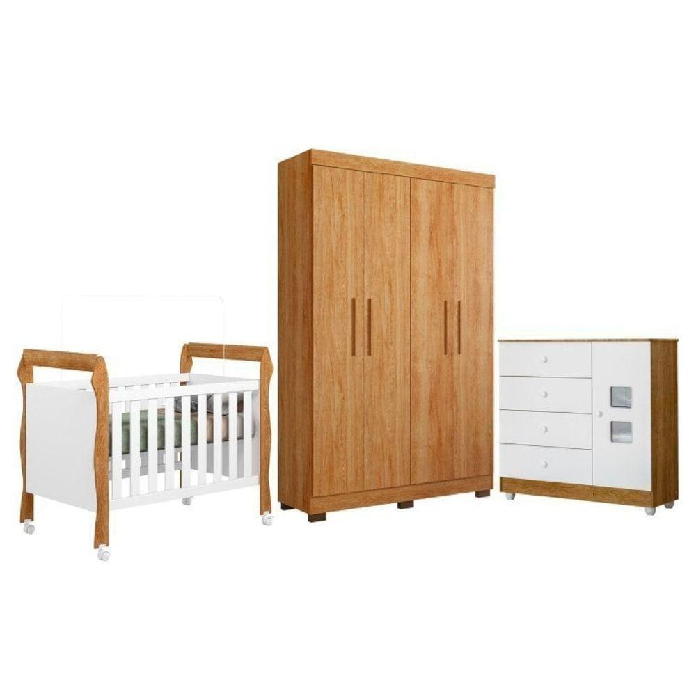Quarto de Bebê com Berço Mini Cama, Cômoda 1 Porta 4 Gavetas e Roupeiro 4 Portas 3 Gavetas 100% Mdf Branco/Madeirado Ypê