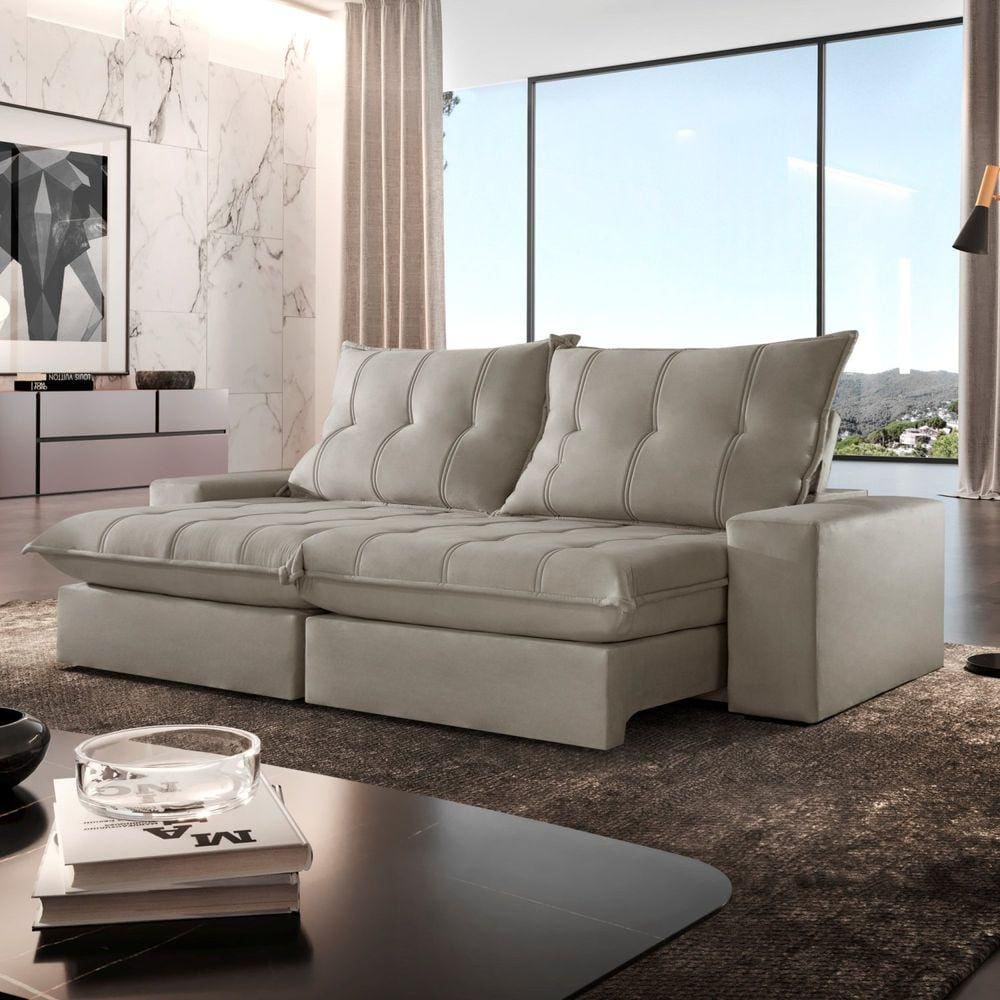 Sofá Retrátil e Reclinável com Catraca Blindada 230cm Porto New Kalliope/Bege