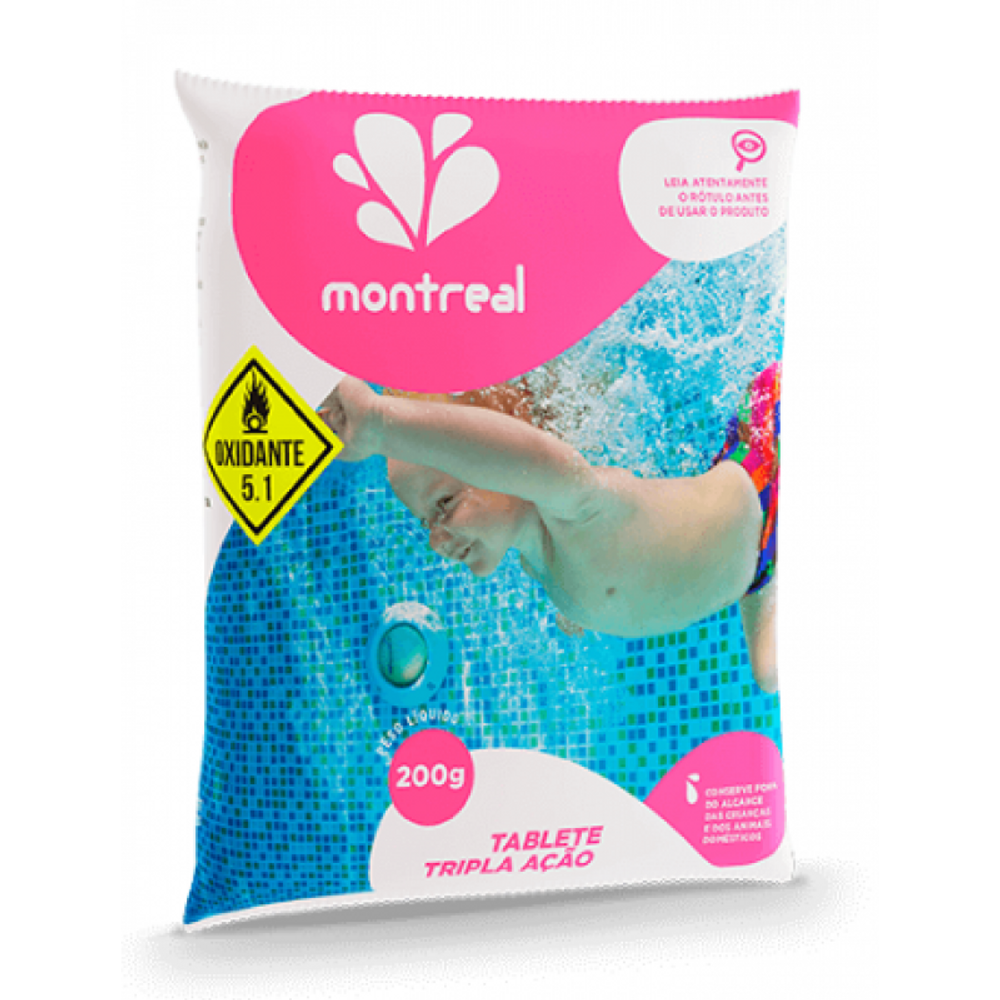 Tablete Tripla Ação Piscina - Acido Tricloroisocianurico Seco - Montreal - 200G Saco